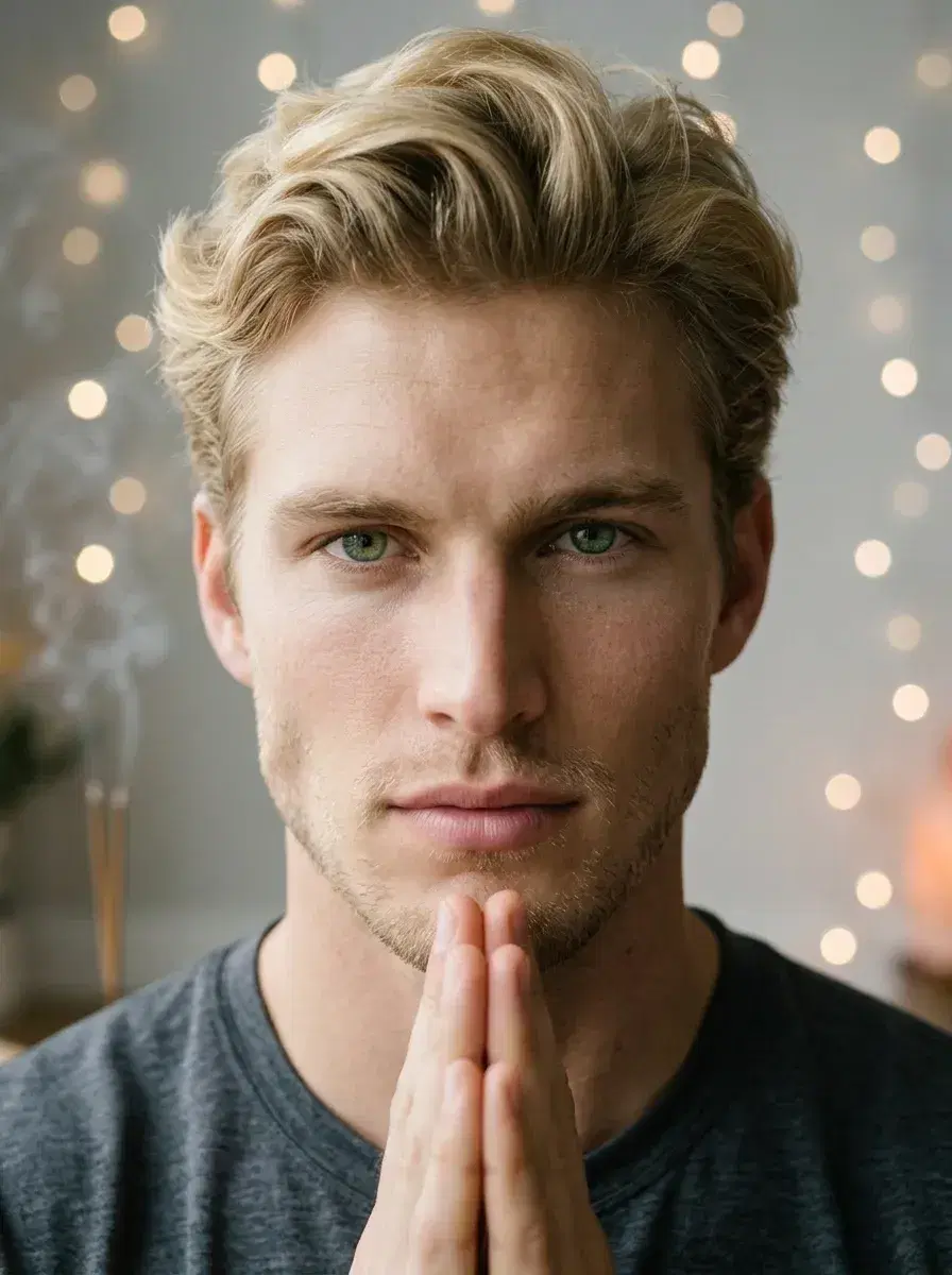 AI AI International Yoga Day Photos — Zen Vibes — Close-up portrait of yogi in prayer pose with fairy light bokeh background