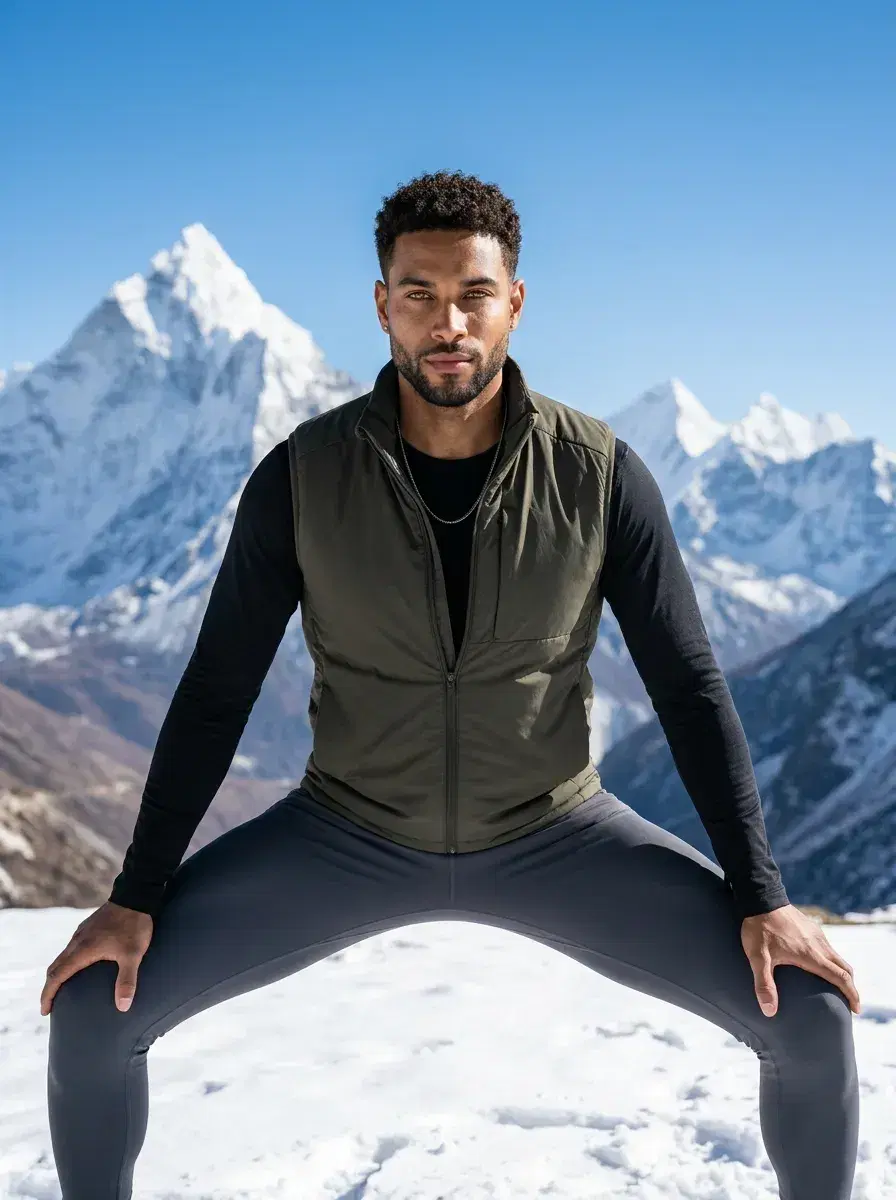 AI AI International Yoga Day Photos — Zen Vibes — Person in goddess yoga pose on a snowy Himalayan mountain pass