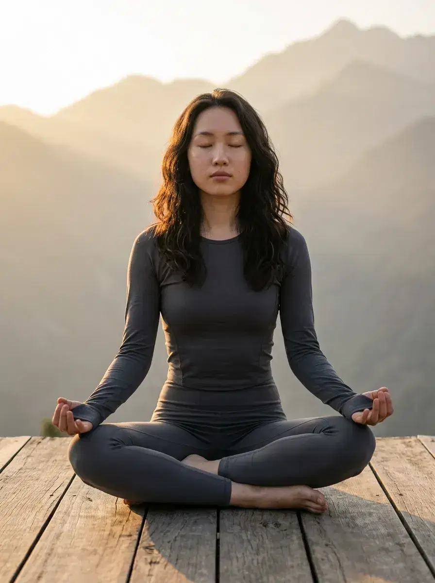 AI AI International Yoga Day Photos — Zen Vibes — Person meditating cross-legged on a mountain deck at sunrise for International Yoga Day