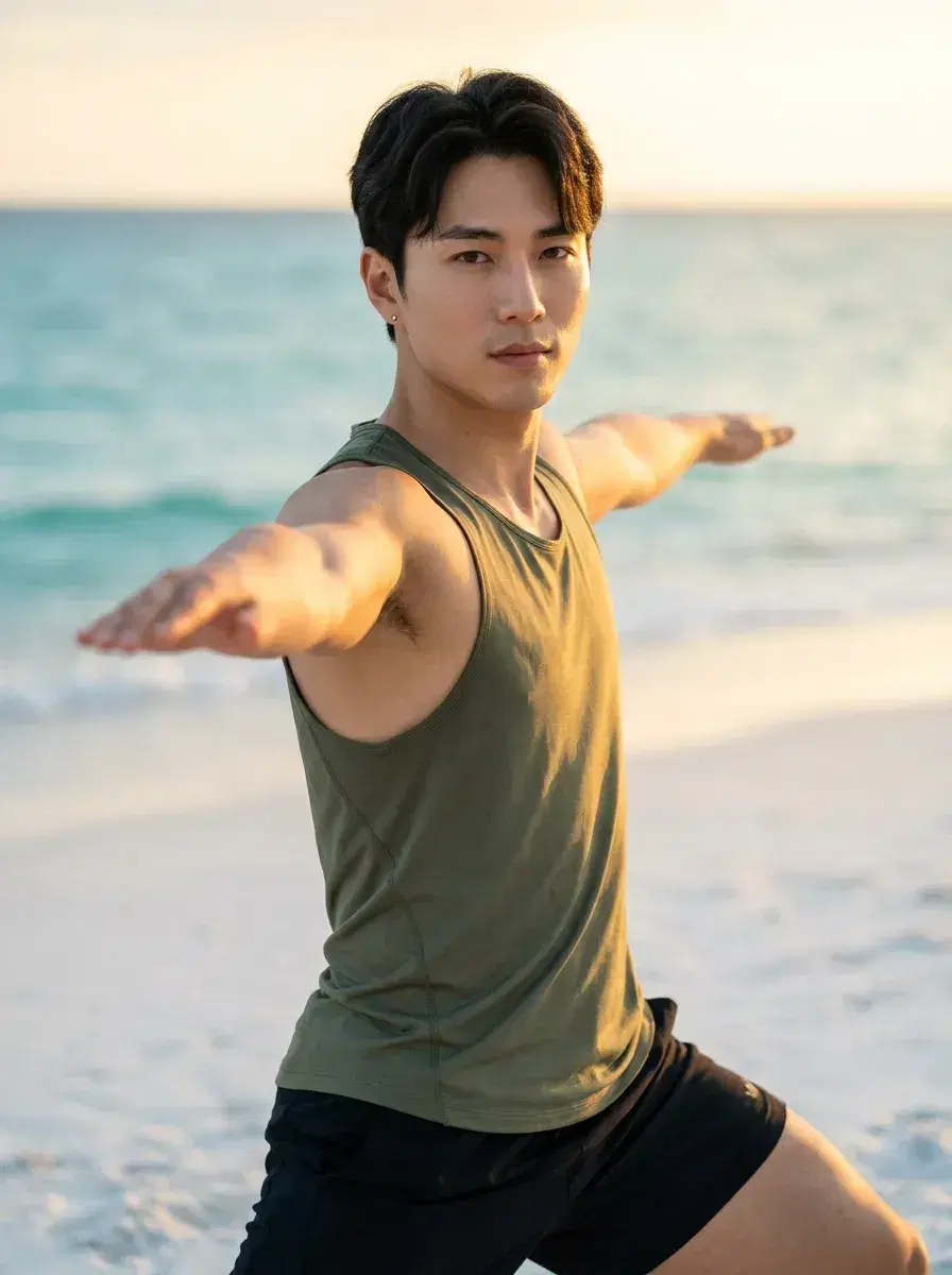 AI AI International Yoga Day Photos — Zen Vibes — Person in warrior pose on a tropical beach for AI International Yoga Day photos