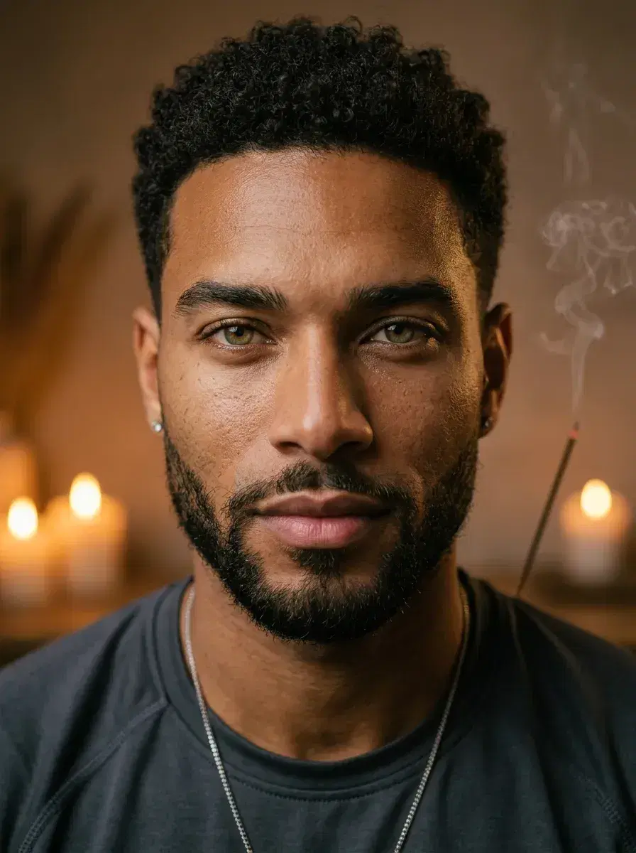 AI AI International Yoga Day Photos — Zen Vibes — Close-up serene portrait of a yogi with candlelight atmosphere