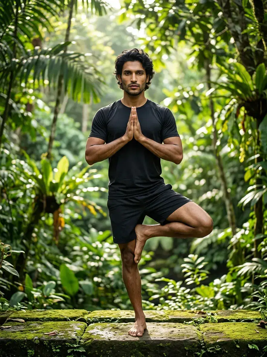AI AI International Yoga Day Photos — Zen Vibes — Person in tree pose on a Balinese stone terrace with jungle backdrop for yoga day photo
