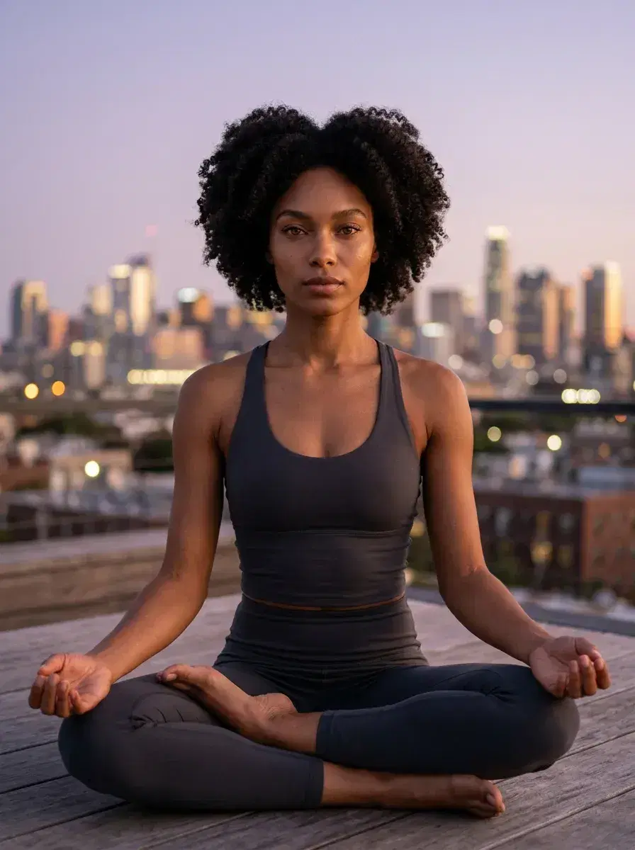 AI AI International Yoga Day Photos — Zen Vibes — Person in lotus pose on a rooftop with glowing city skyline at dusk for International Yoga Day