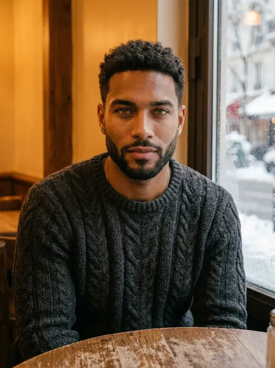 AI AI January Photo Dump — Winter Vibes — Person in camel coat outside frosted bakery window on a winter morning — AI January photo dump