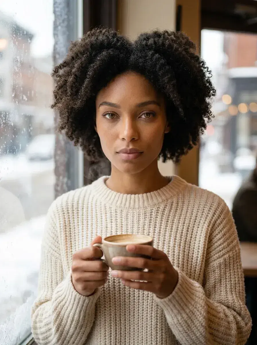 AI AI January Photo Dump — Winter Vibes — Person in cozy knit sweater at a frost-rimmed café window with a warm mug — AI January photo dump