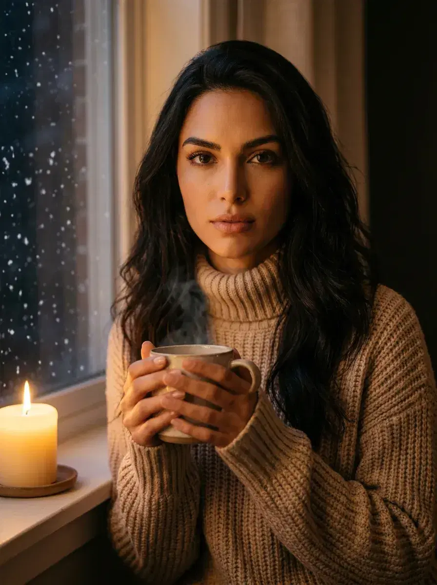 AI AI January Photo Dump — Winter Vibes — Person in turtleneck holding a steaming coffee in winter morning light — AI January photo dump