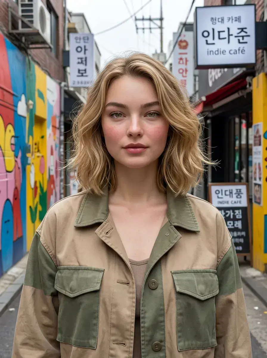 AI AI Korean Kdrama Photos — Drama-Ready Looks — Person in Korean street style jacket in Hongdae alley with mural walls