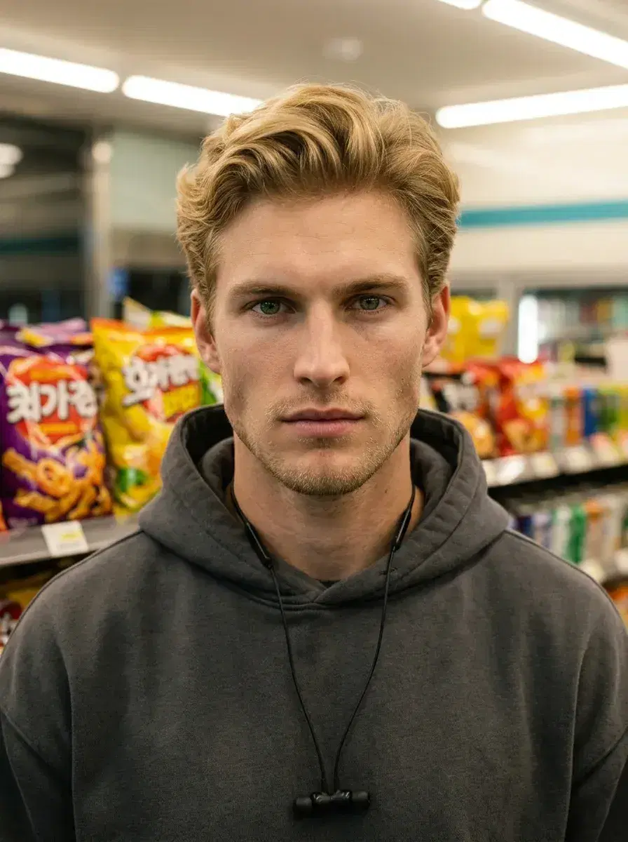 AI AI Korean Kdrama Photos — Drama-Ready Looks — Close-up portrait inside a Seoul convenience store with warm lighting