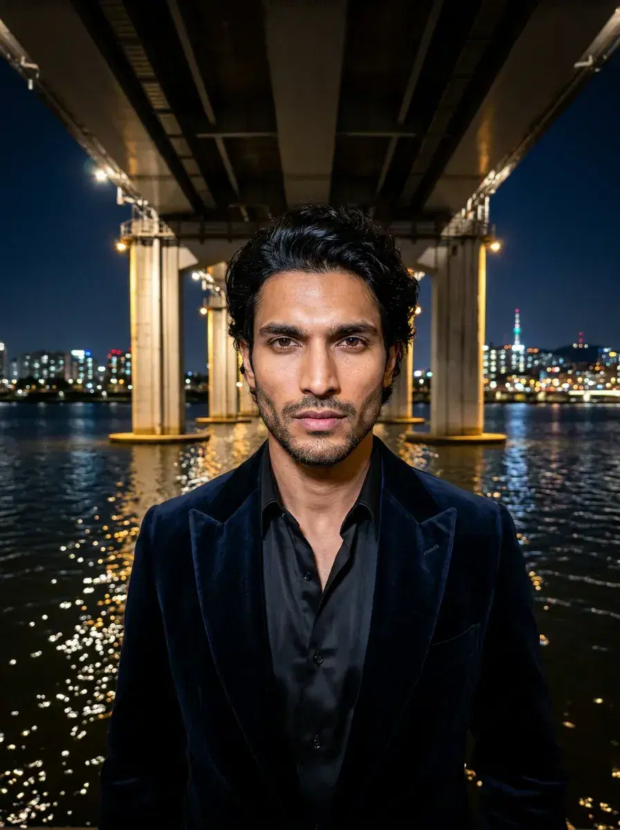 AI AI Korean Kdrama Photos — Drama-Ready Looks — Person in elegant evening wear under the Han River bridge at night in Seoul