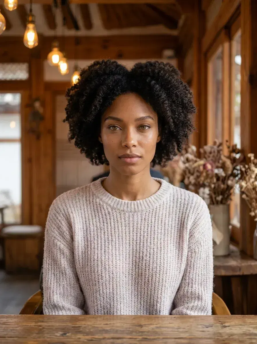 AI AI Korean Kdrama Photos — Drama-Ready Looks — Person in pastel knit sweater in a cozy Bukchon Hanok village café