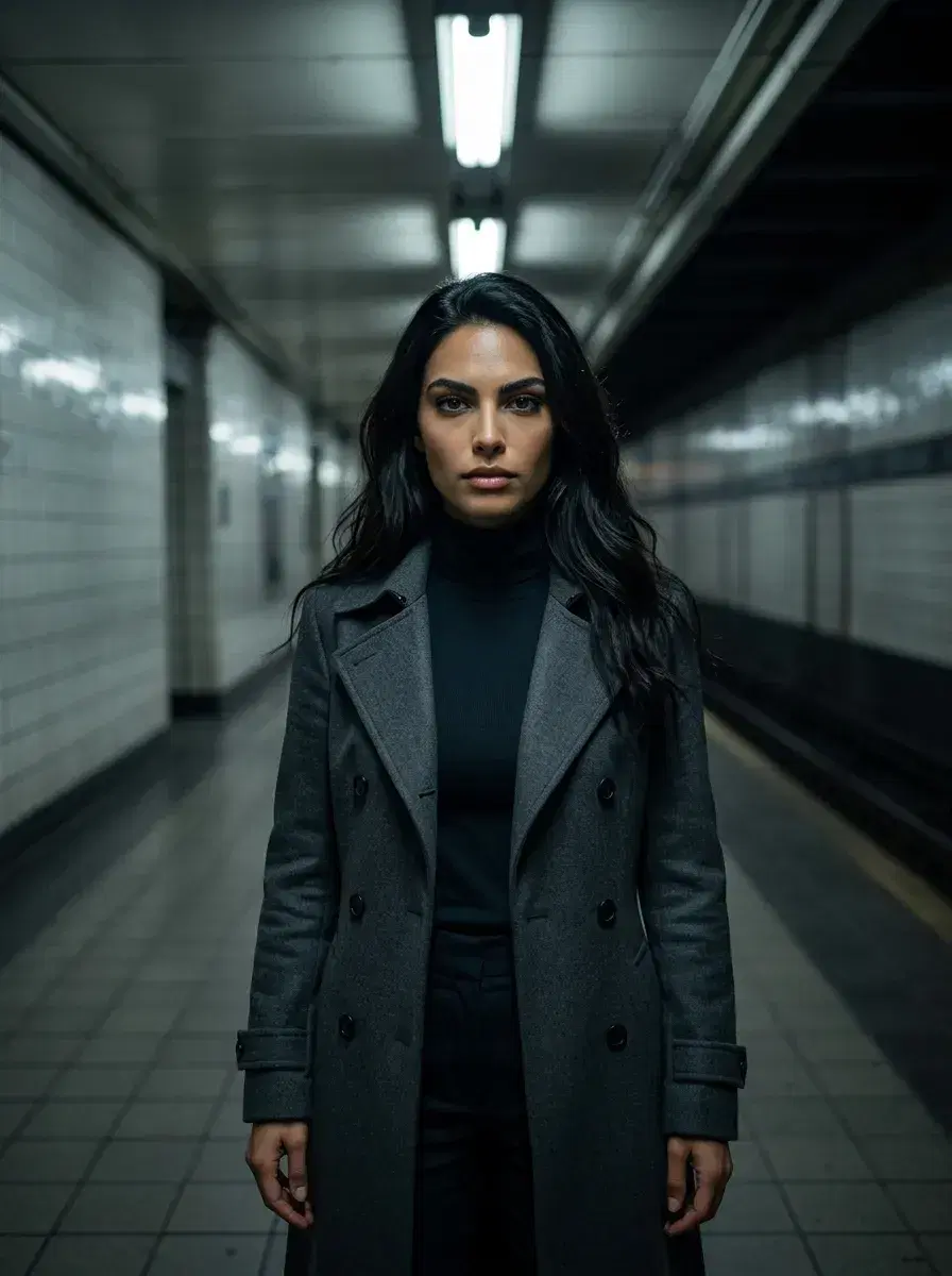 AI AI Korean Kdrama Photos — Drama-Ready Looks — Person in professional K-drama outfit in a dramatic Seoul subway corridor