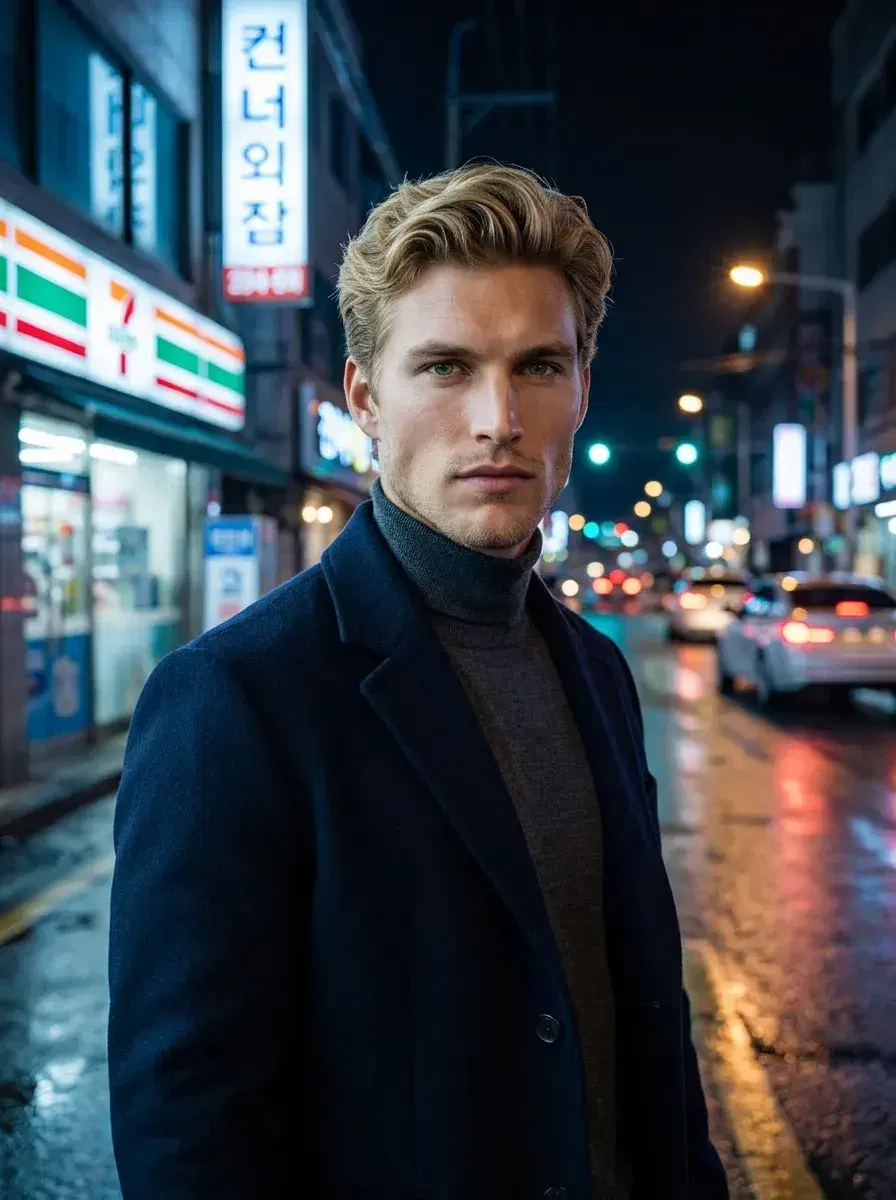 AI AI Korean Kdrama Photos — Drama-Ready Looks — Person in Korean drama style outfit on a rainy Seoul street at night with neon lights