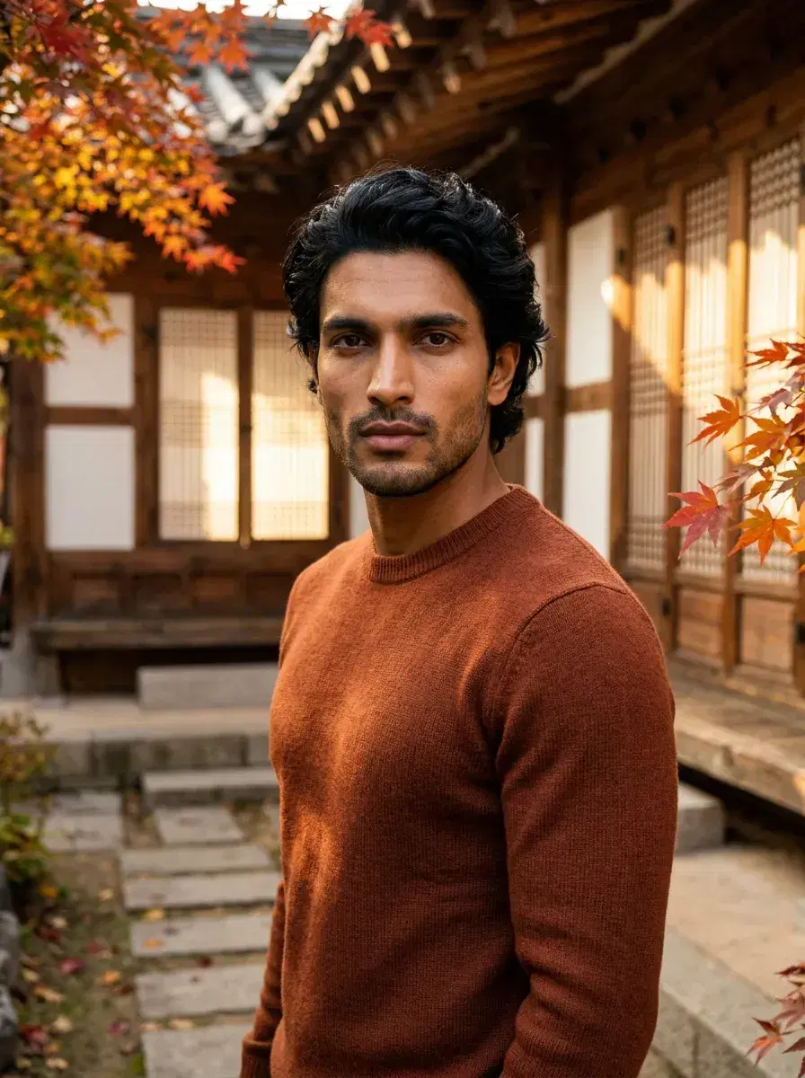 AI AI Korean Kdrama Photos — Drama-Ready Looks — Person in cozy knit wear inside a traditional Korean hanok courtyard in autumn light