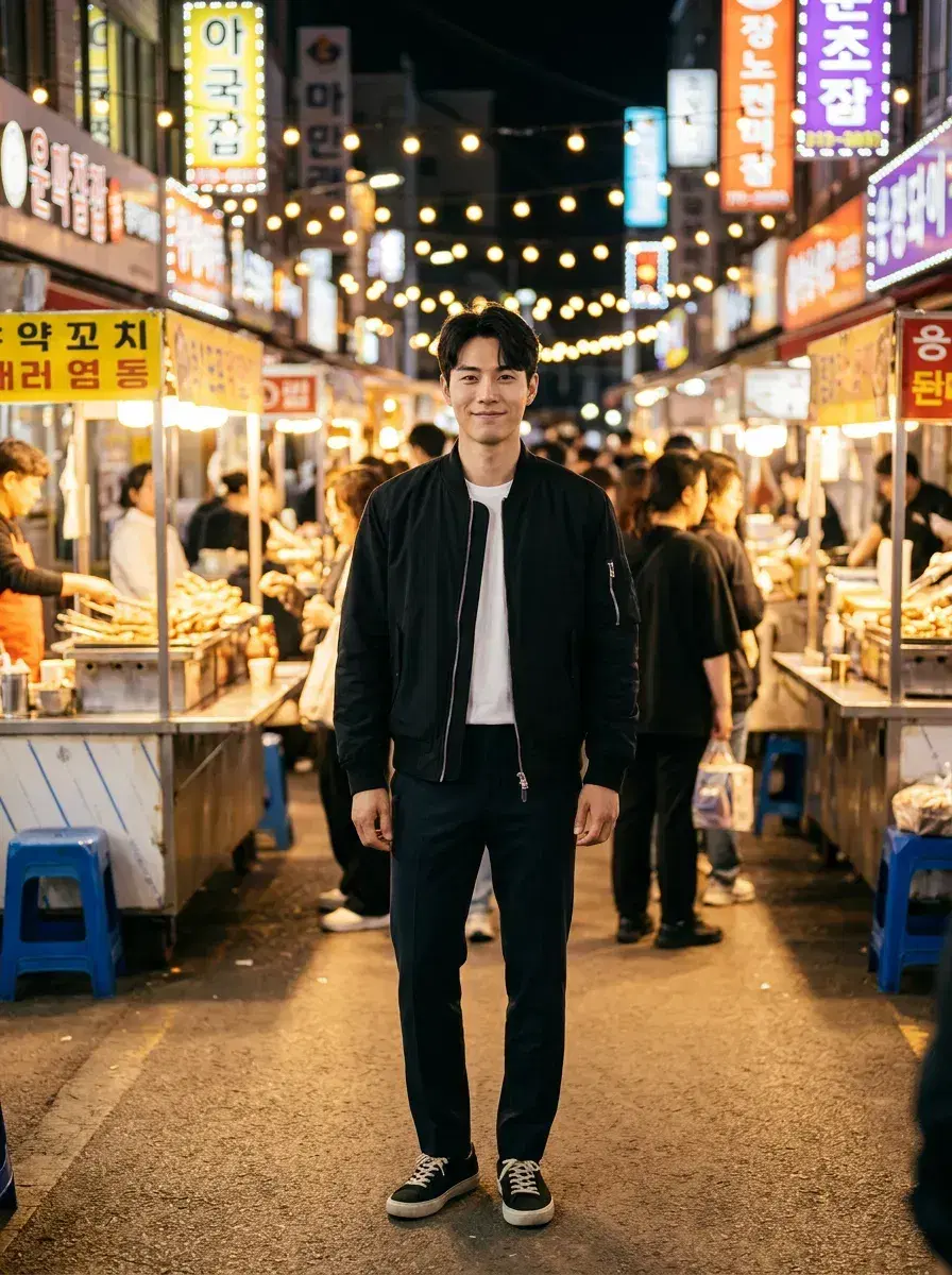 AI AI Korean Kdrama Photos — Drama-Ready Looks — Person at a glowing Seoul night market in K-drama street fashion