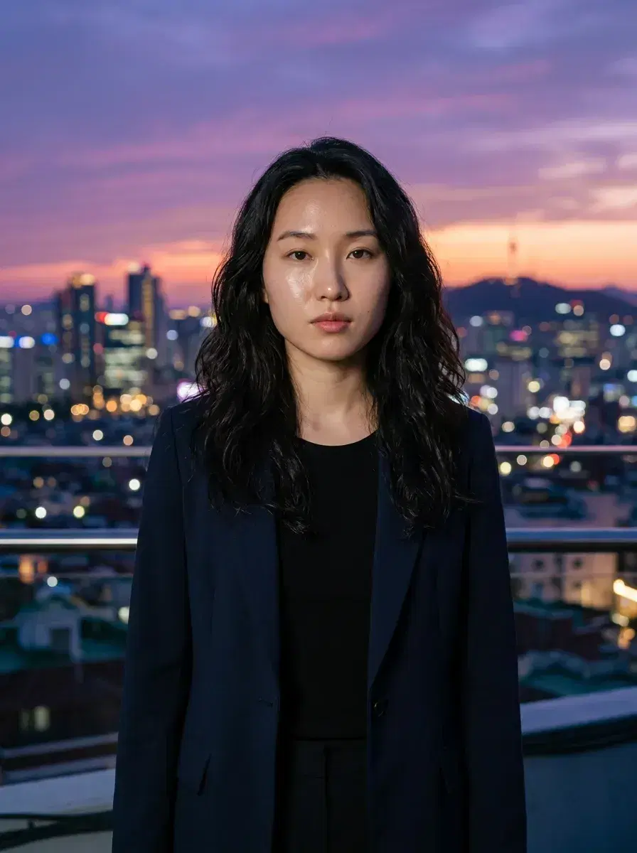 AI AI Korean Kdrama Photos — Drama-Ready Looks — Person on a Seoul rooftop at dusk in semi-formal Korean drama style outfit