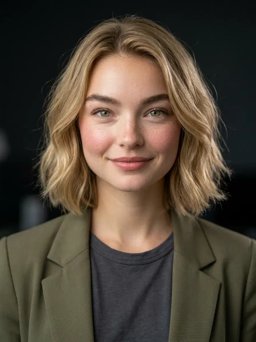 AI LinkedIn headshot style preview — professional tech headshot in blazer on dark background