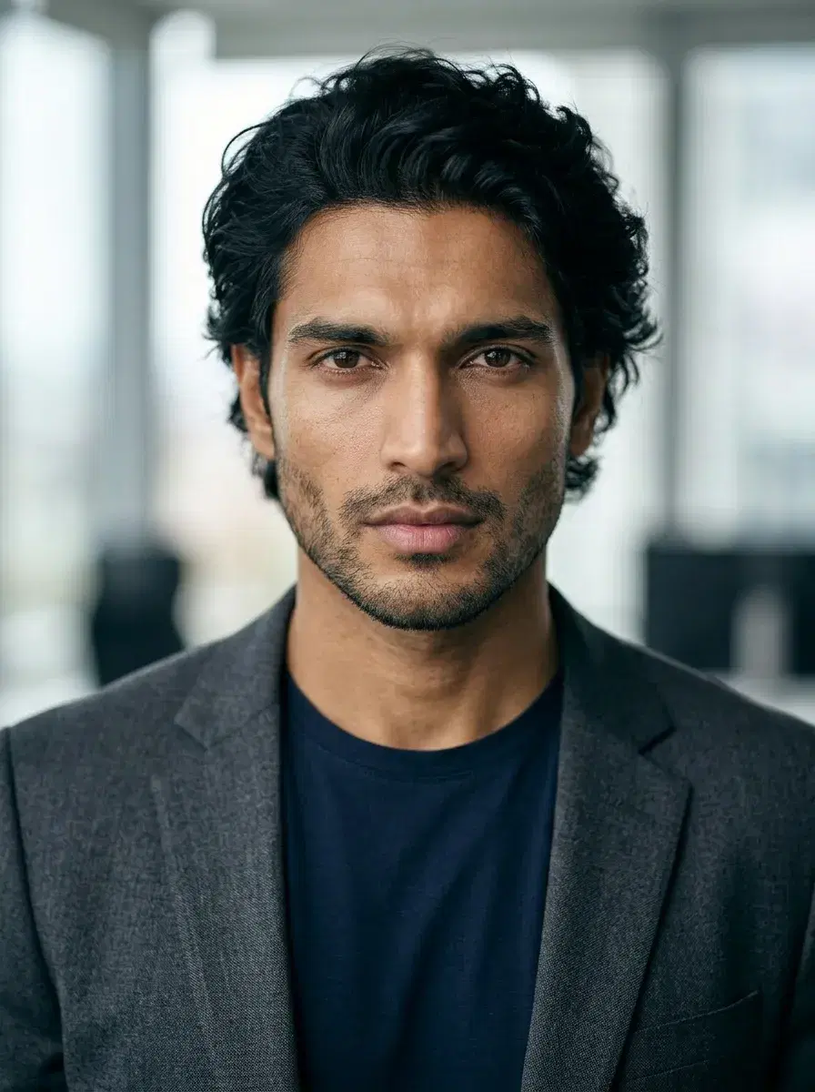 AI LinkedIn headshot style preview — tech professional portrait with relaxed expression and blurred office background.