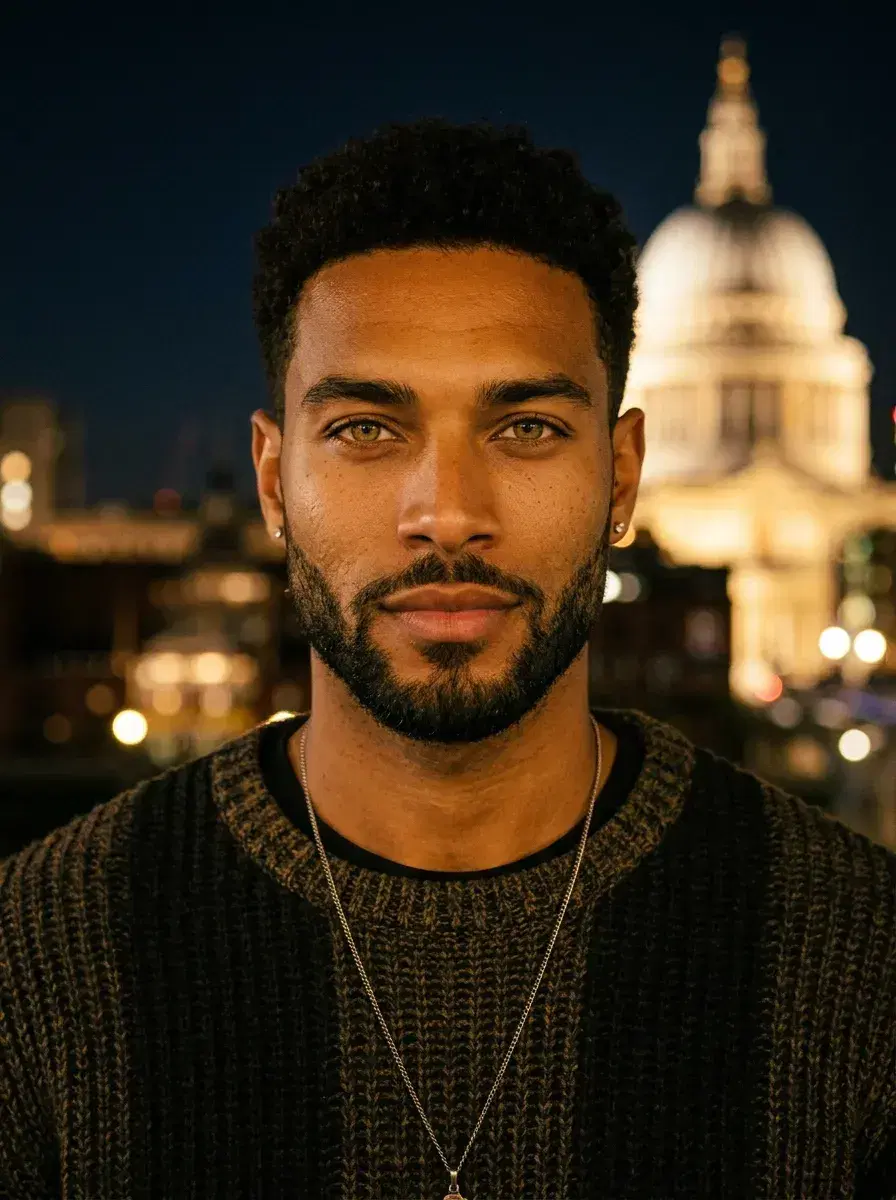 AI AI London Travel Photos — Instant Wanderlust — Close-up portrait with St Paul's Cathedral at night — AI London travel photo