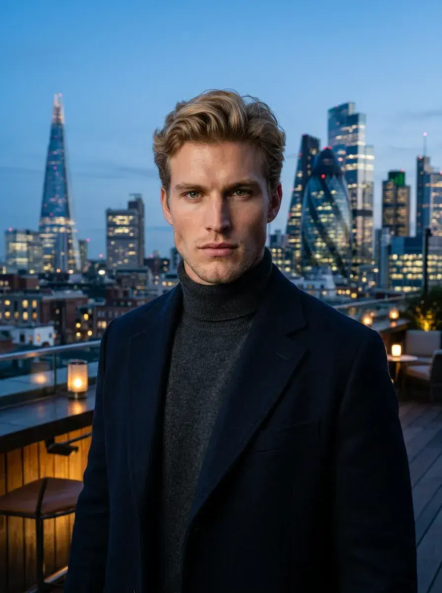 AI AI London Travel Photos — Instant Wanderlust — Person on London rooftop bar with skyline view — AI London travel photo