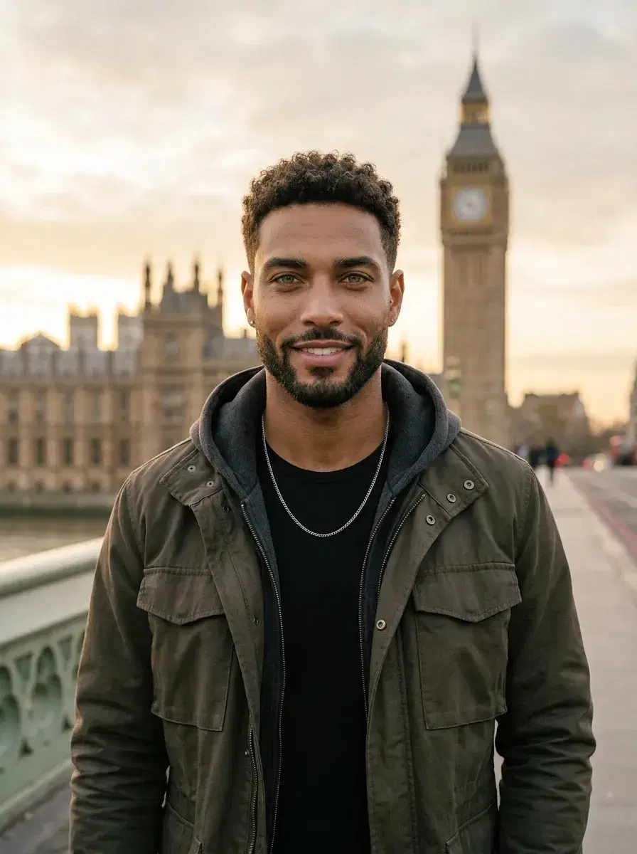 AI AI London Travel Photos — Instant Wanderlust — Person posing on Westminster Bridge with Big Ben in background — AI London travel photo