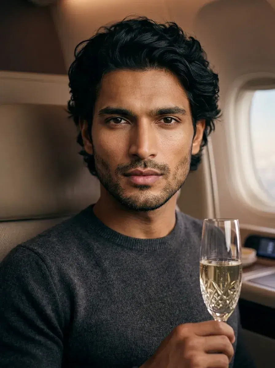 AI AI Luxury Lifestyle Photos — Pose AI — Person relaxing in a first-class flight suite — AI luxury lifestyle photo