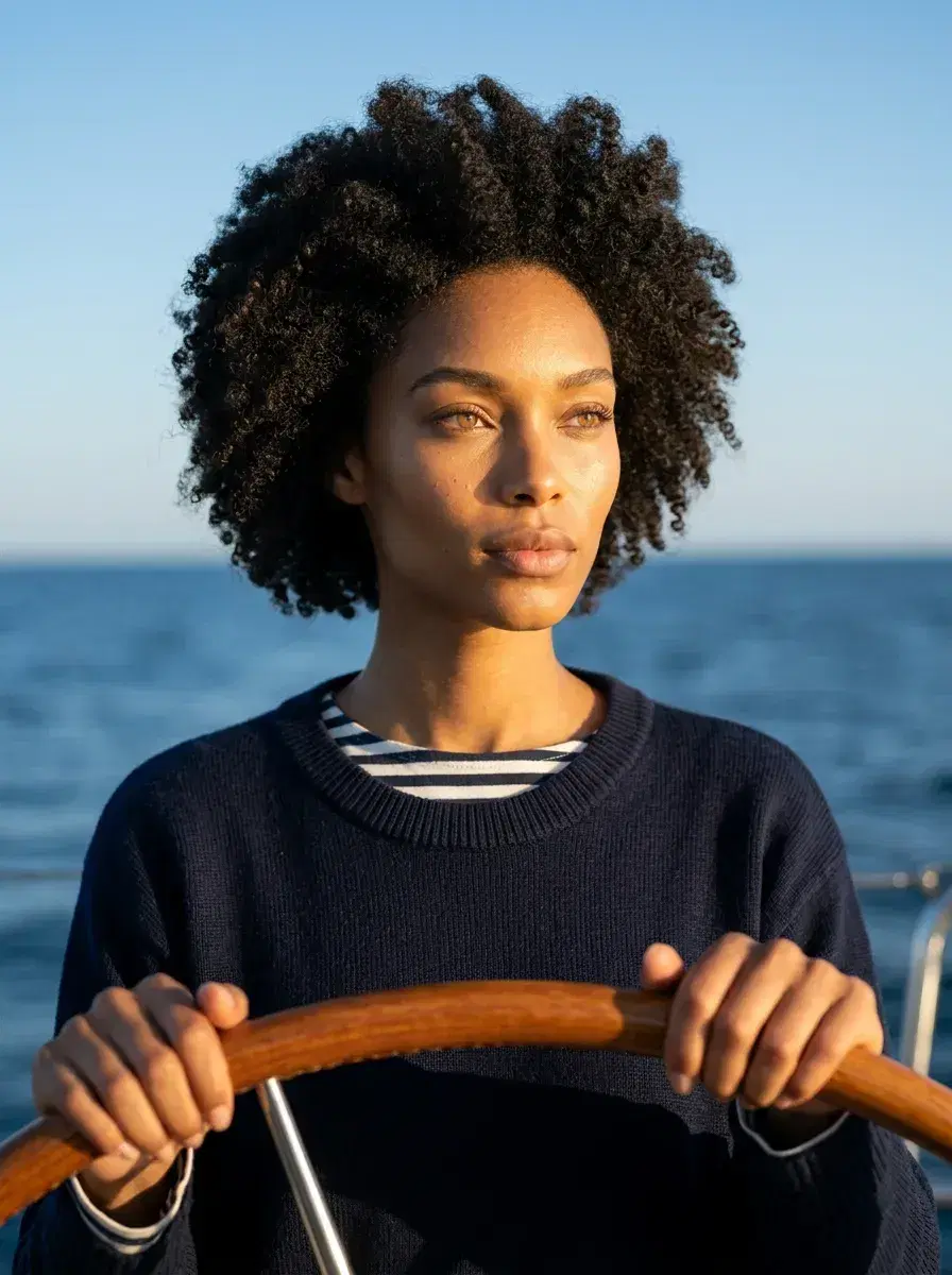 AI AI Luxury Lifestyle Photos — Pose AI — Person at the helm of a luxury sailboat on open ocean — AI luxury lifestyle photo