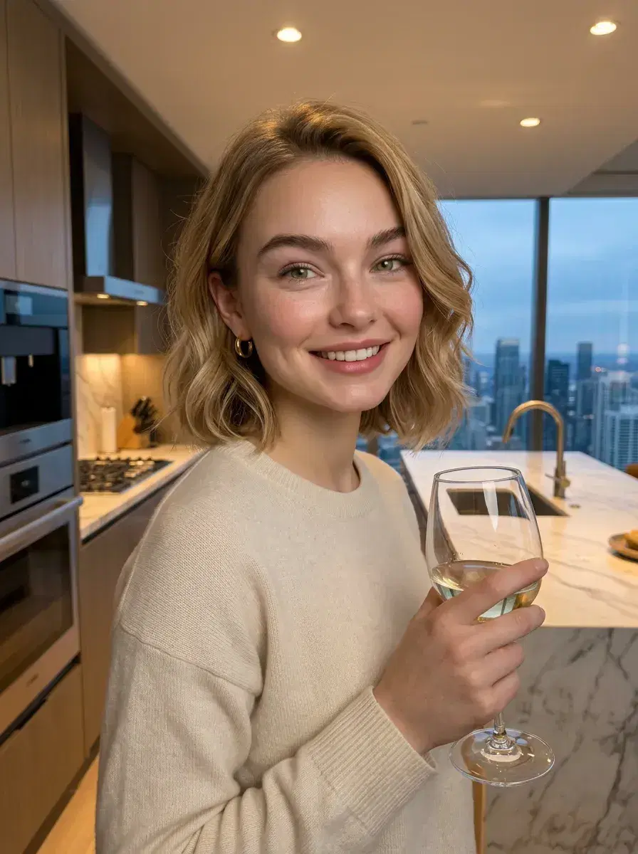 AI AI Luxury Lifestyle Photos — Pose AI — Person in a luxury penthouse kitchen with city views — AI luxury lifestyle photo