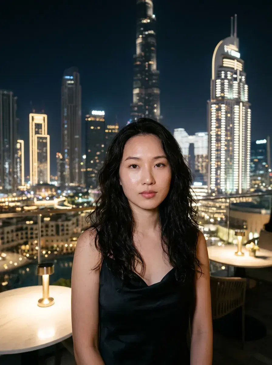 AI AI Luxury Lifestyle Photos — Pose AI — Person on a private rooftop terrace in Dubai at night — AI luxury lifestyle photo