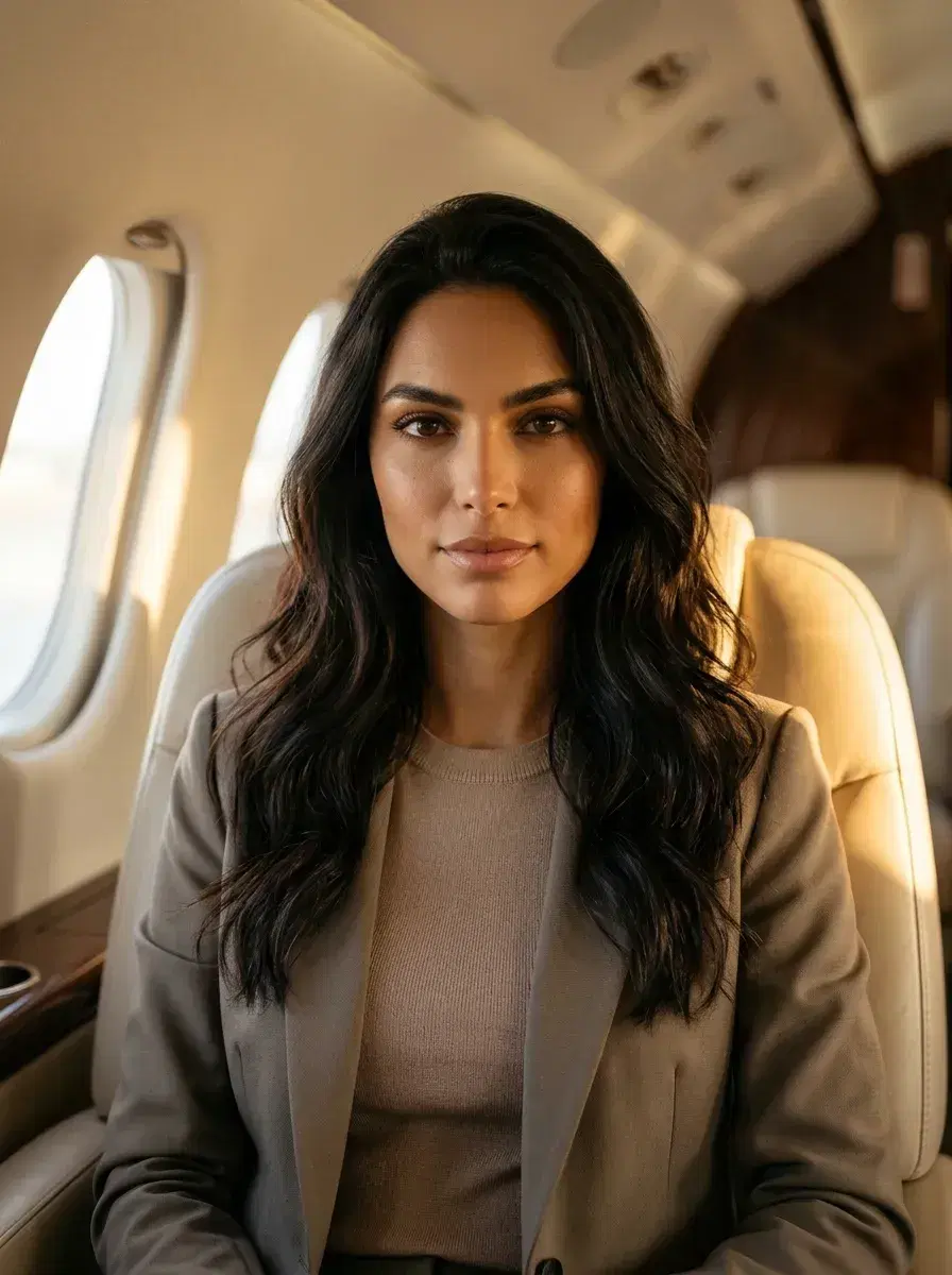 AI AI Luxury Lifestyle Photos — Pose AI — Person in a private jet cabin with cinematic golden light — AI luxury lifestyle photo