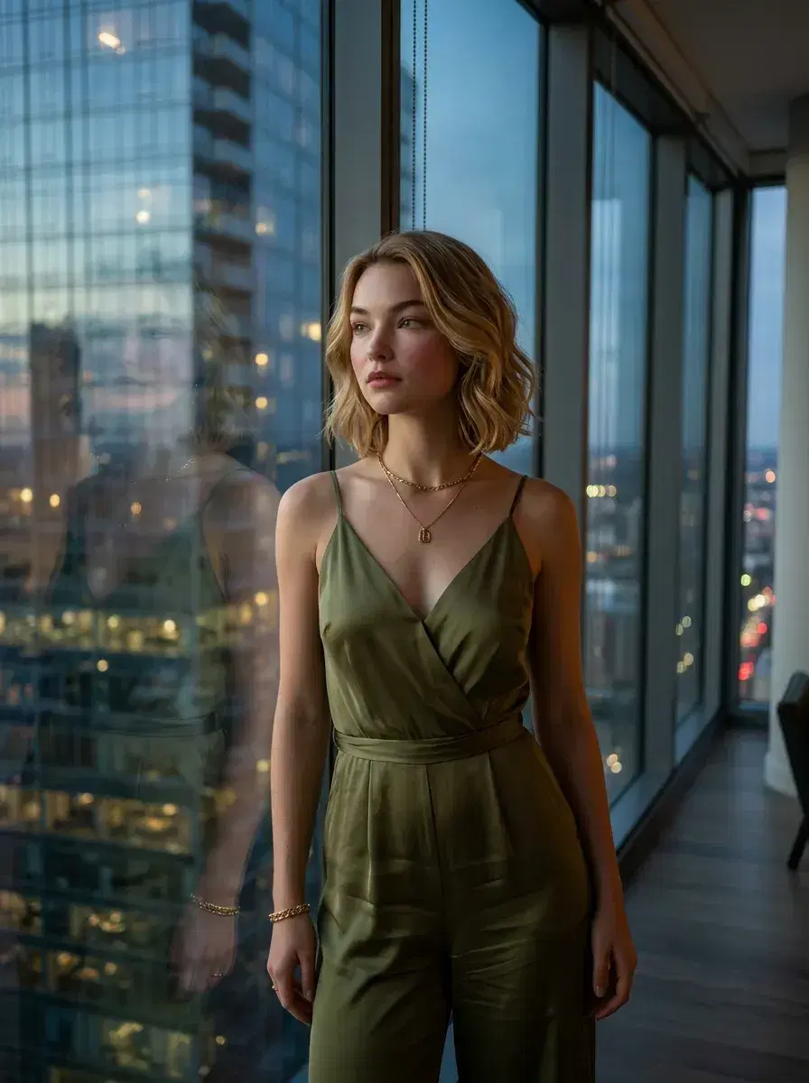 AI AI Luxury Lifestyle Photos — Pose AI — Person in a penthouse overlooking a glittering city skyline at dusk — AI luxury lifestyle photo