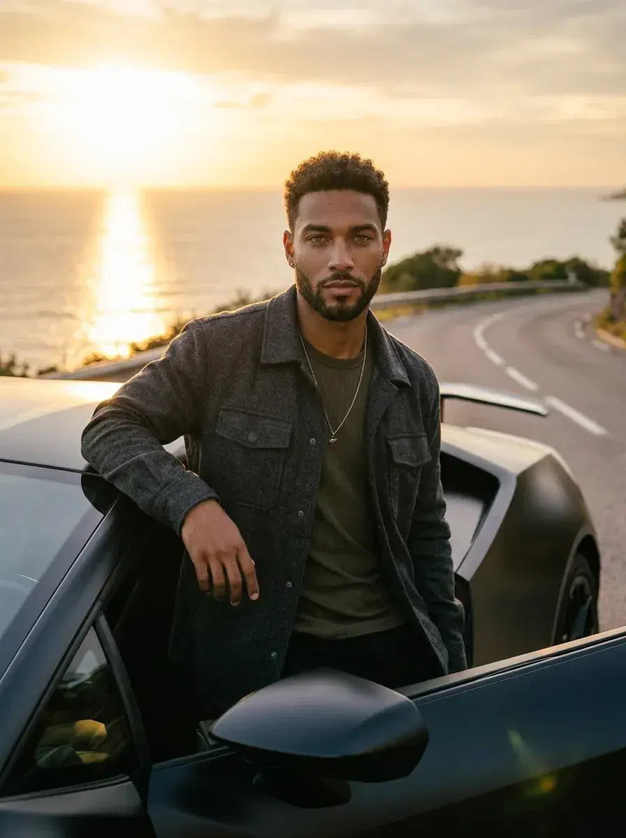 AI AI Luxury Lifestyle Photos — Pose AI — Person beside a luxury sports car on a coastal road at sunset — AI luxury lifestyle photo