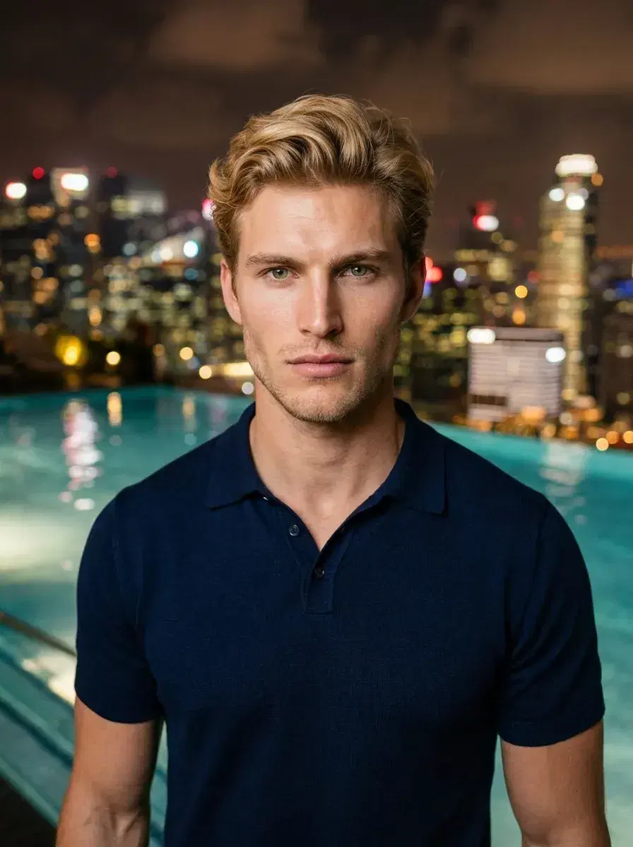 AI AI Luxury Lifestyle Photos — Pose AI — Person at a rooftop infinity pool overlooking city lights — AI luxury lifestyle photo