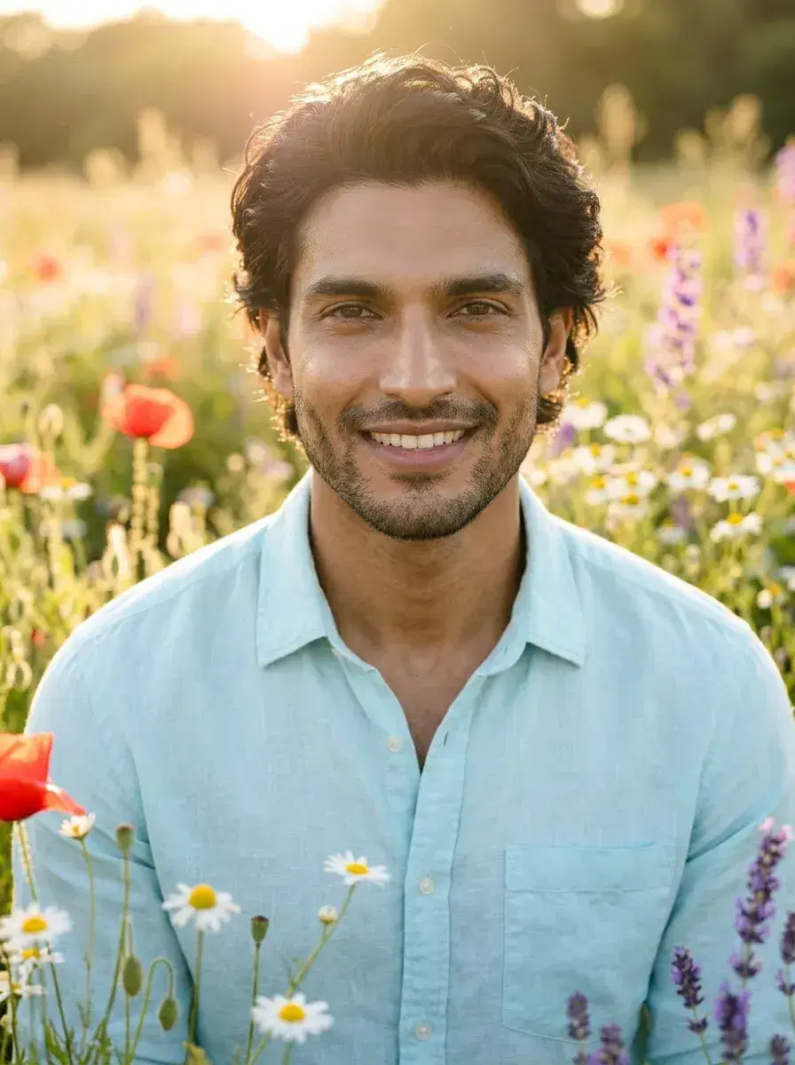 AI AI March Photo Dump — Spring Vibes — Person in wildflower field at golden hour for March photo dump