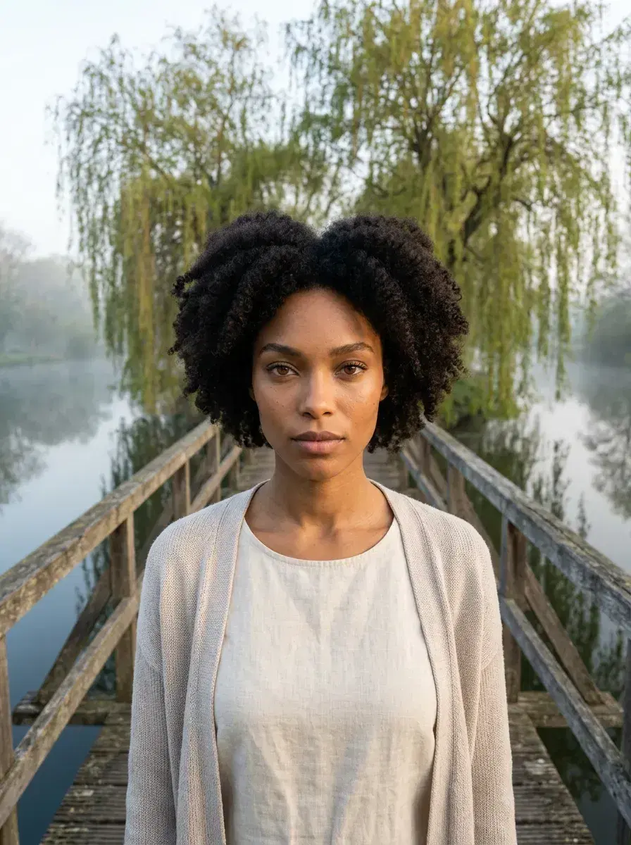 AI AI March Photo Dump — Spring Vibes — Person on misty spring bridge for AI March photo dump content