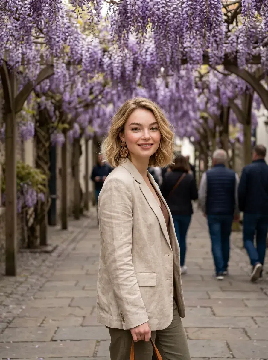 AI AI March Photo Dump — Spring Vibes — Person walking through wisteria alley for spring March photo dump