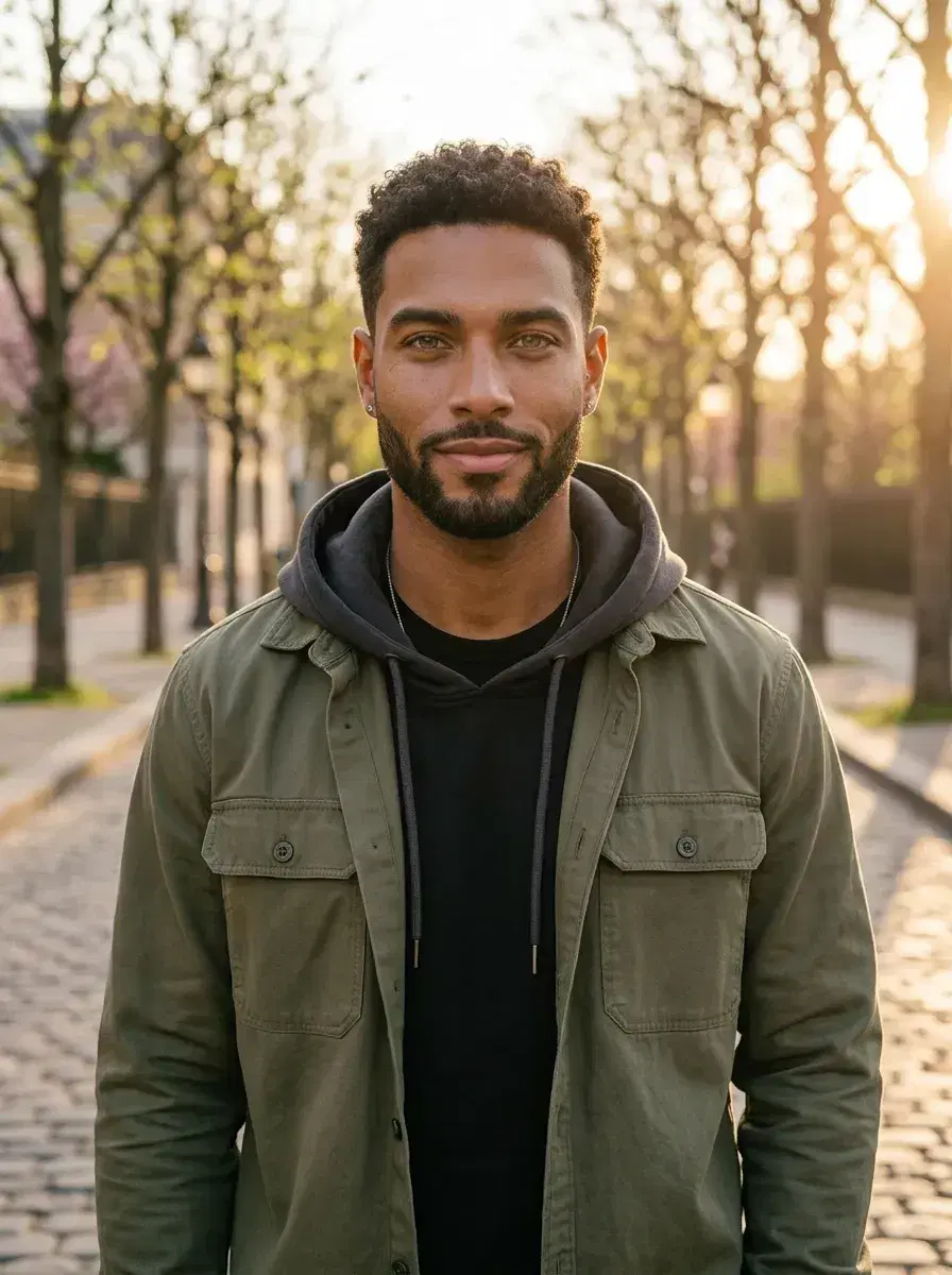 AI AI March Photo Dump — Spring Vibes — Person on cobblestone street in spring layers for AI March photo dump