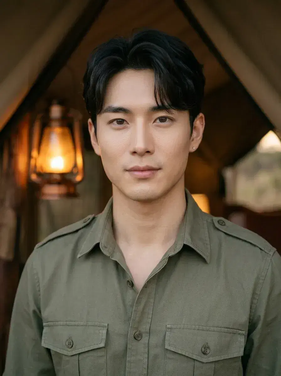 AI AI Masai Mara Photos — Safari Portraits — Person inside a luxury safari tented camp with warm lantern glow at dusk