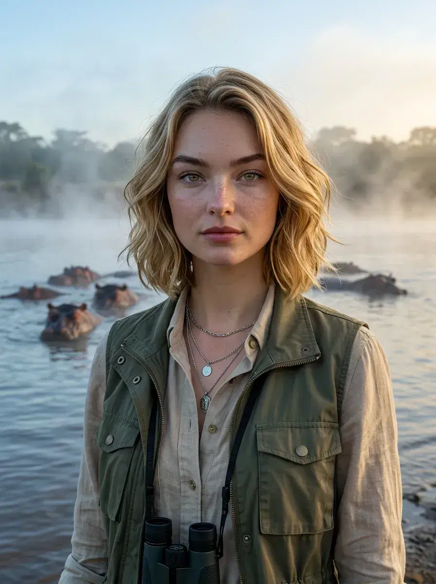 AI AI Masai Mara Photos — Safari Portraits — Person at the Mara River edge at dawn with hippos surfacing through morning mist