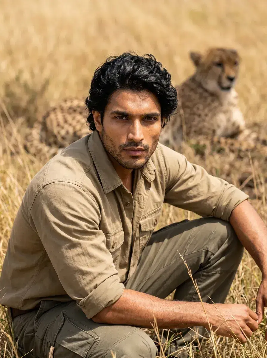 AI AI Masai Mara Photos — Safari Portraits — Person crouched in savanna grass with a cheetah resting in the blurred background