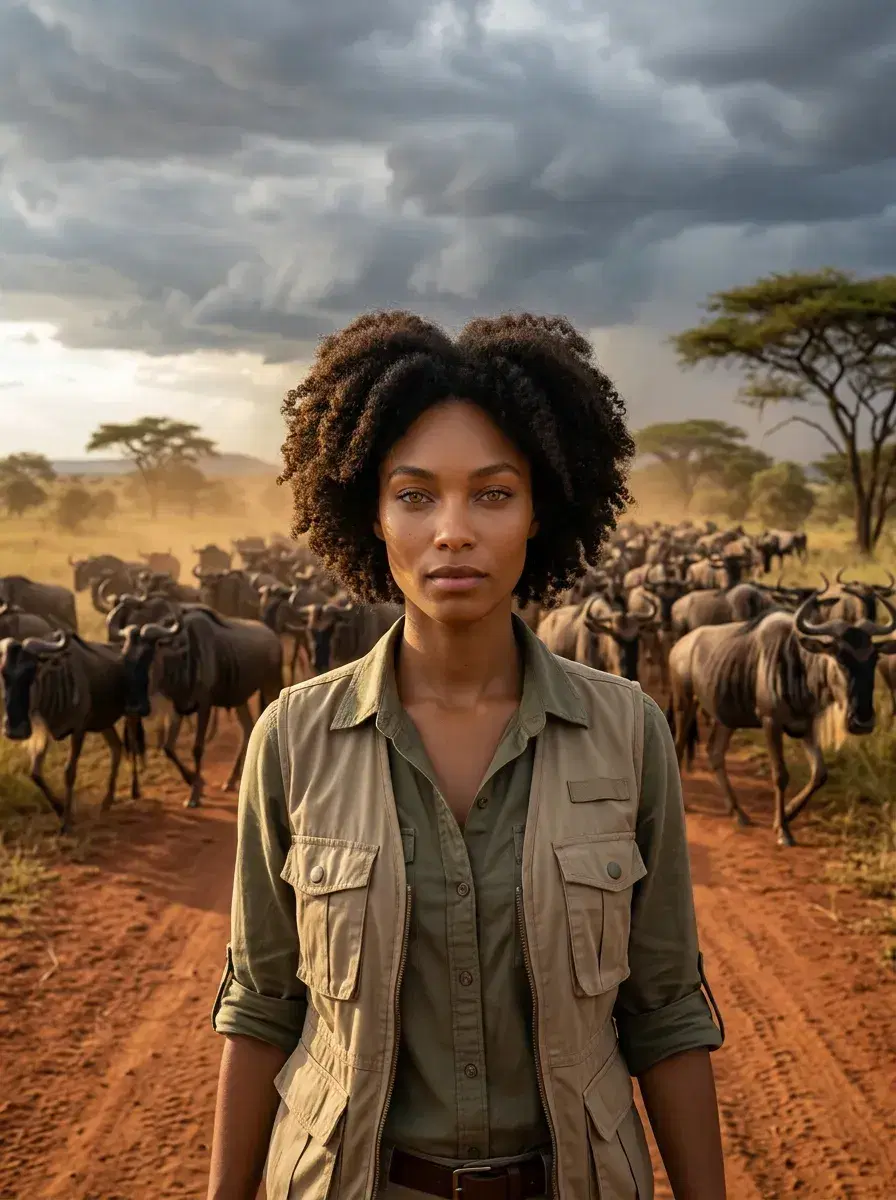 AI AI Masai Mara Photos — Safari Portraits — Person on a red-dust Masai Mara track with a massive wildebeest migration crossing behind them