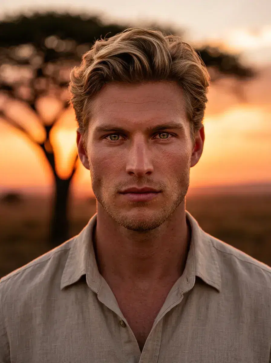 AI AI Masai Mara Photos — Safari Portraits — Close-up portrait with Masai Mara sunset tones reflected on face and silhouetted acacia in background