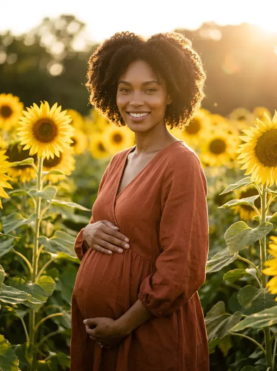 AI AI Maternity Photos — Timeless Portraits — AI maternity photo standing in a sunflower field at golden hour