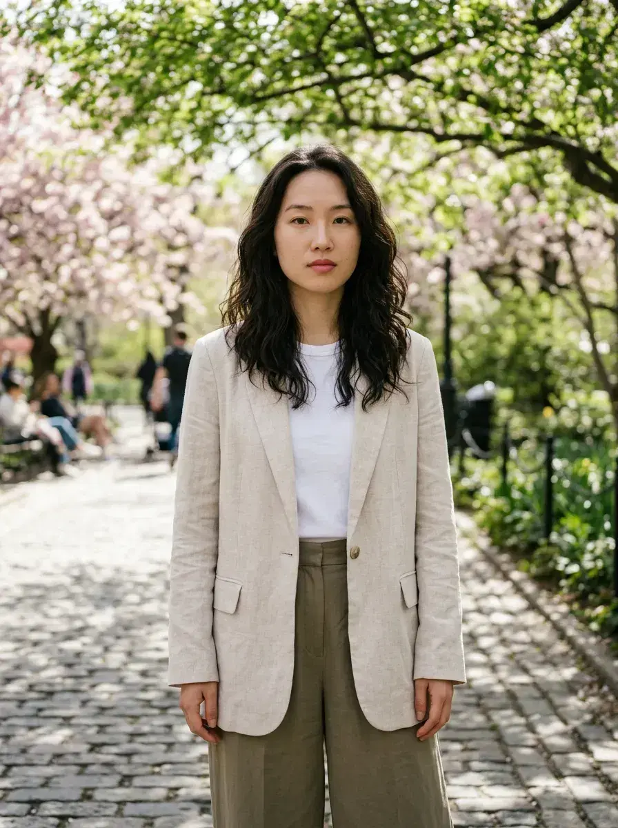 AI AI May Photo Dump — Spring Vibes — Person on a sun-dappled park path in an AI May photo dump gallery photo