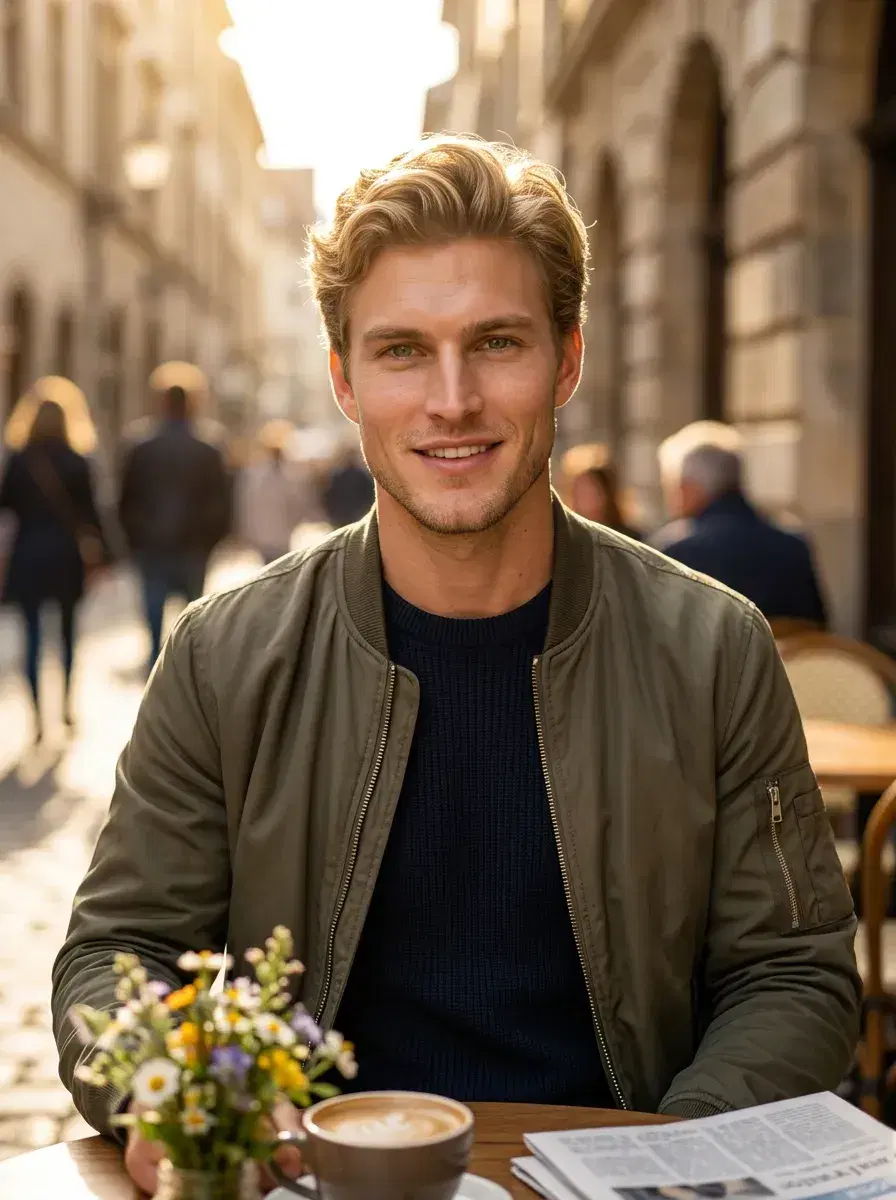 AI AI May Photo Dump — Spring Vibes — Person at outdoor spring café in an AI May photo dump style