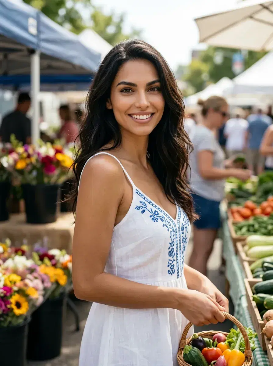 AI AI May Photo Dump — Spring Vibes — Person at farmers market in an AI May photo dump look