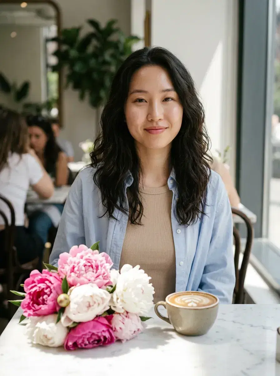 AI AI Mother's Day Photos — Timeless Portraits — AI Mother's Day portrait at a marble café table with peonies and morning light