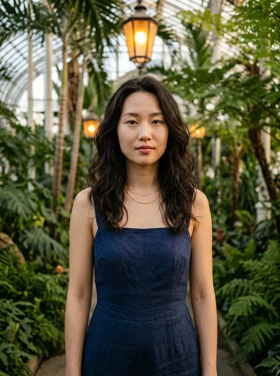 AI AI Mother's Day Photos — Timeless Portraits — AI Mother's Day photo inside a grand botanical glasshouse with amber lantern light