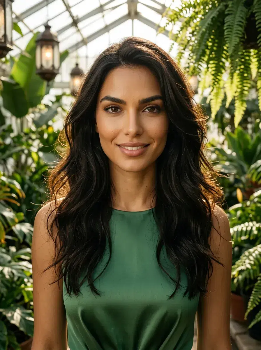 AI AI Mother's Day Photos — Timeless Portraits — AI Mother's Day photo inside a botanical greenhouse with warm lantern light