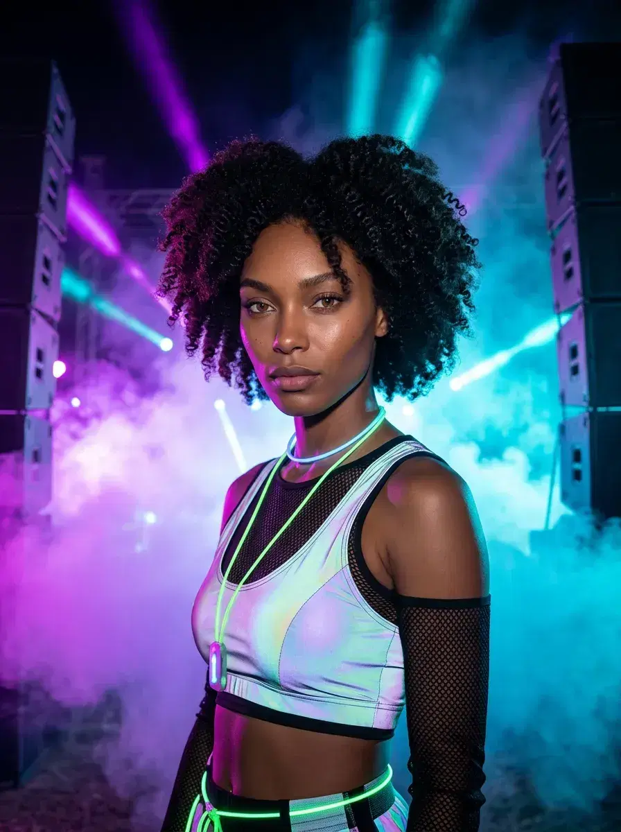 AI AI Music Festival Photos — From One Selfie — Person at a neon-lit rave stage at night with fog and beams