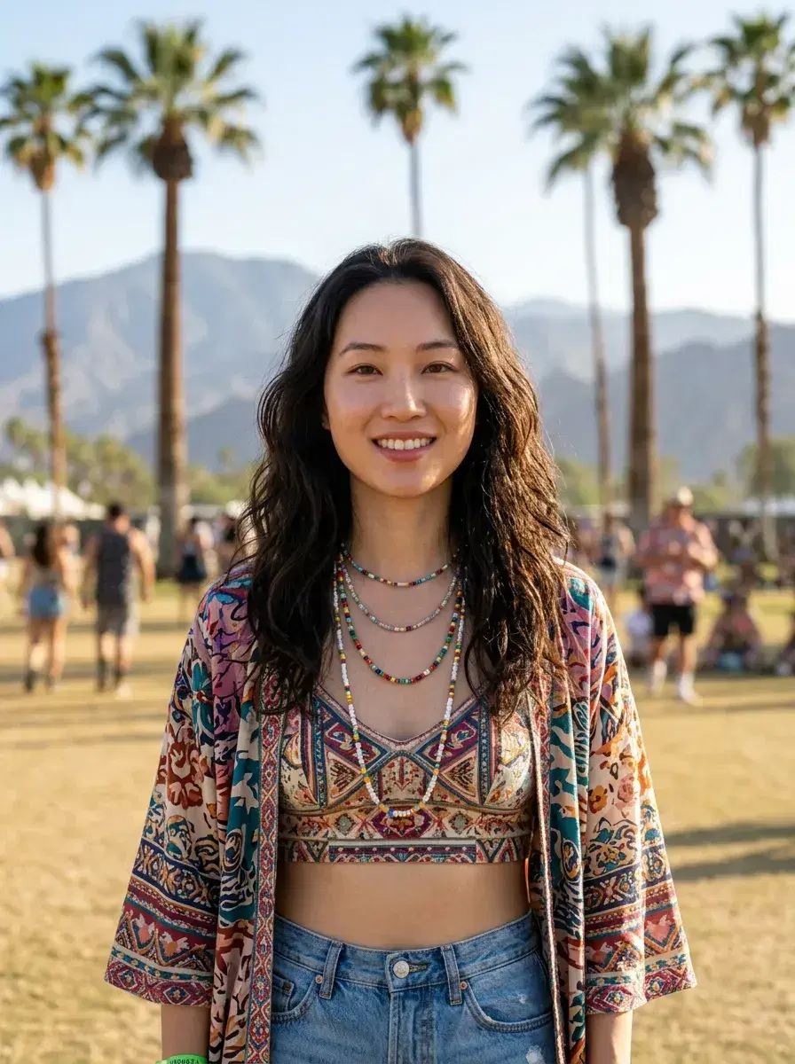 AI AI Music Festival Photos — From One Selfie — Person in a desert festival field with palm trees and mountains behind